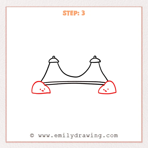 how to draw a golden gate bridge - Step 3 of how to draw the Golden Gate Bridge adds two rounded land bases at both ends of the bridge deck, each with a simple smiling face.